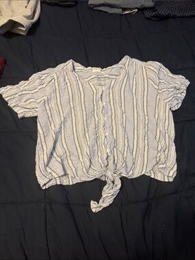 Light Blue & White Striped Tie-Front Button Blouse - Women